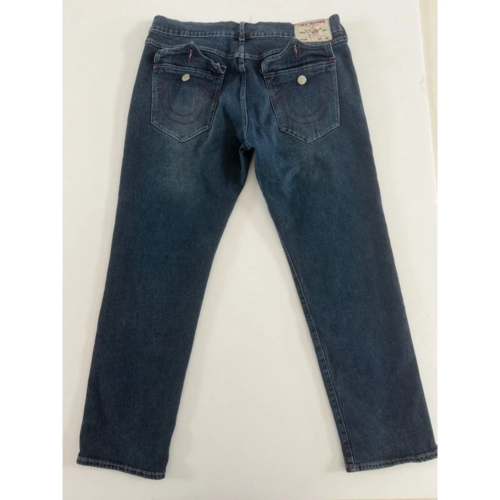 True Religion Geno Relaxed Slim Jeans Men 36 Dark Wash Red Horseshoe Flap Pocket